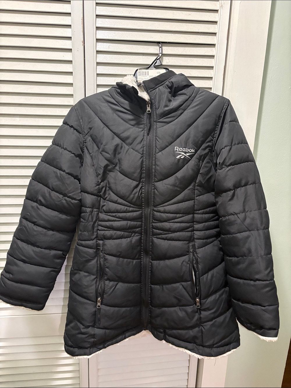 Reebok Women's Black Quilted Puffer Jacket with Sherpa Trim